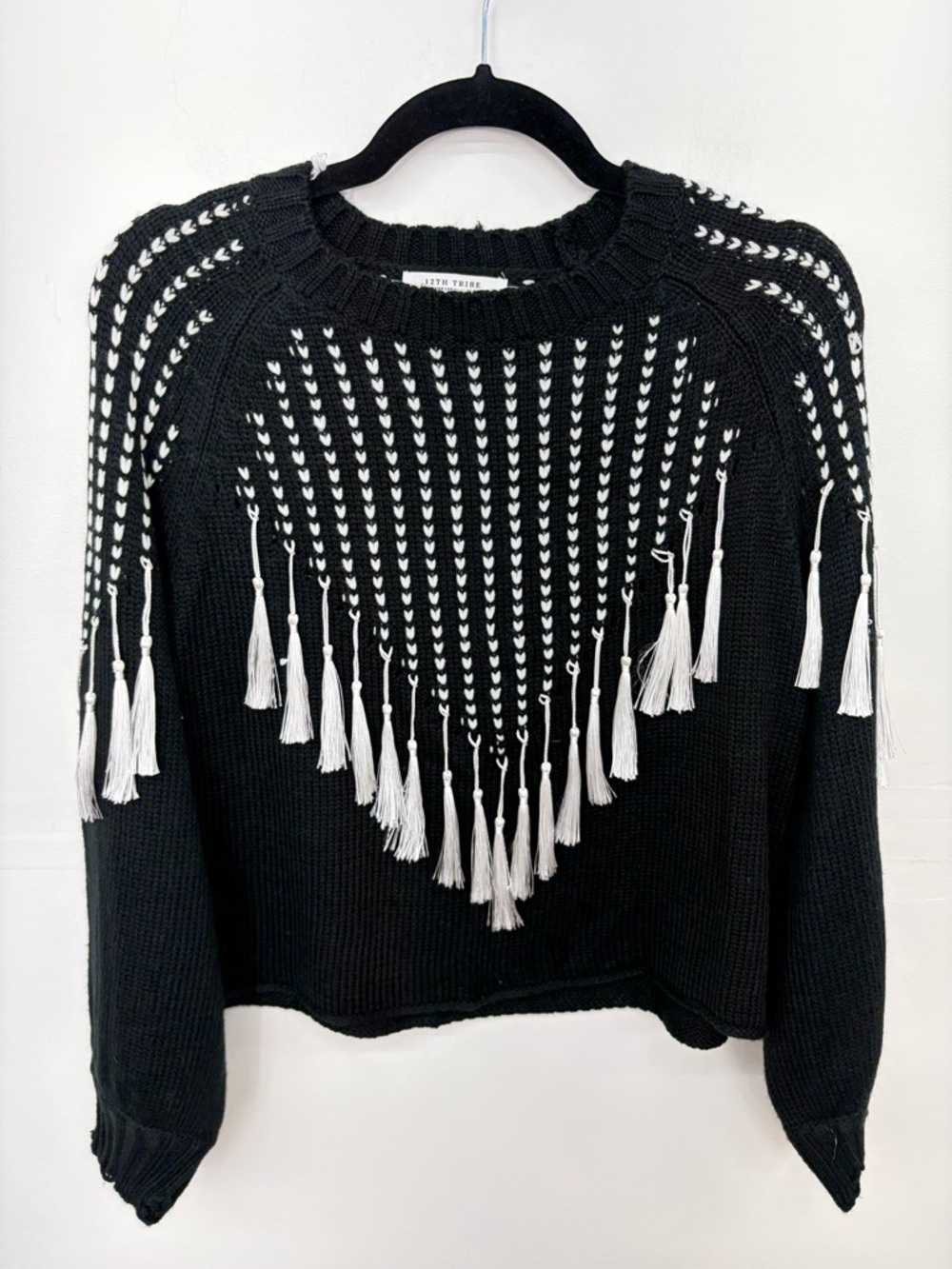 12th Tribe Black Sweater with White Tassel Detail C25